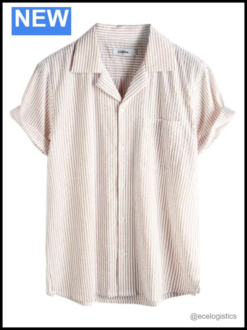 Men's Striped Seersucker Short Sleeve Button Down Shirt Cuban Collar Cotton